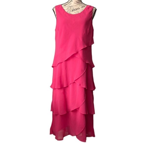 Vintage Ursula of Switzerland Chiffon Tulip Tiered Hem Sheath Dress in Pink 12 - Picture 4 of 9